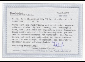 Württemberg: MiNr. 42 b, gestempelt, Cannstatt, BPP Befund