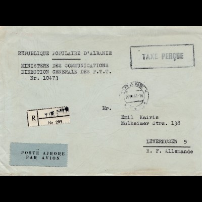 Albanien: 1951: Taxe Percue, Tirane nach Leverkusen, registered