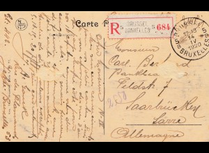 Belgien: 1920: Ansichtskarte Bruxelles to Germany-Registered
