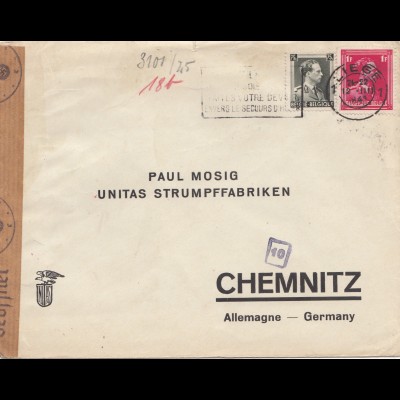 Belgien: 1941: Liege nach Chmenitz: Zensur OKW - Strumpffabrik