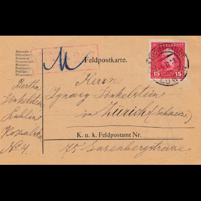 1918: Zensiert Feldkirch in die Schweiz, Feldpostkarte Lublin