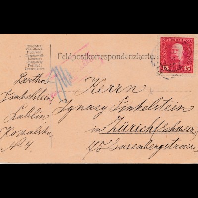1917: KuK Feldpost Lublin nach Zürich, zensiert Feldkirch