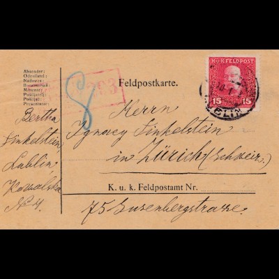 1918: Feldpostkarte, KuK Feldpost Lublin nach Zürich, zensiert Feldkirch