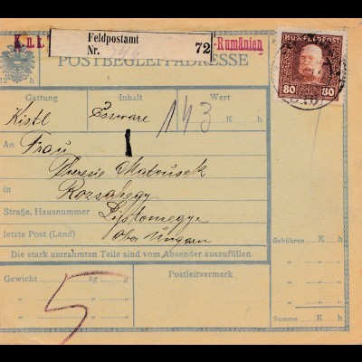 1913: Paketkarte: Feldpostamt Rumänien nach Rozsahegy