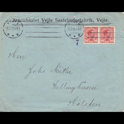 Dänemark: 1918: Brief aus Vejle nach Holsten