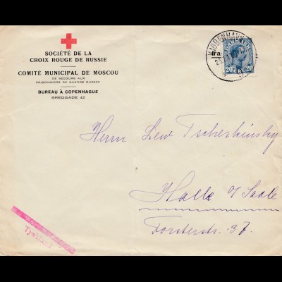 Dänemark: 1917: Croix Rouger de russie/Kopenhagen nach Halle/D