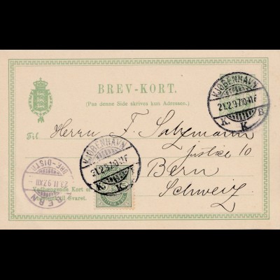 Dänemark: 1897: Ganzsache von Kopenhagen nach Bern/Schweiz