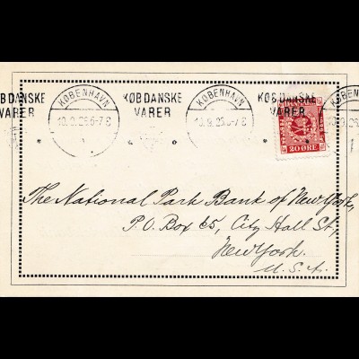 Dänemark: 1926: Postkarte Kopenhagen nach USA; Perfin1
