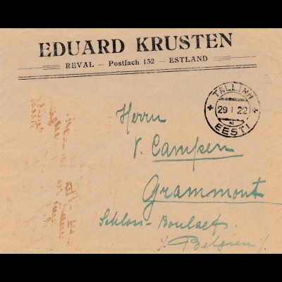 Estland: 1922: Brief von Tallinn nach Belgien