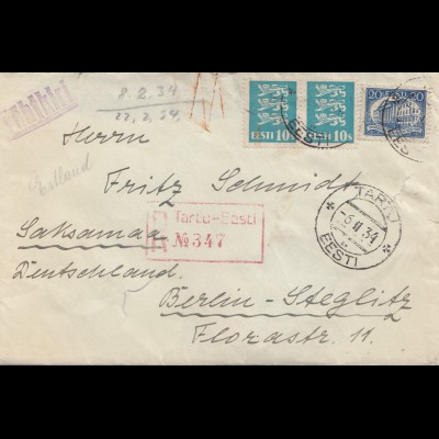 Estland: 1934: Einschreiben TartJ nach Berlin