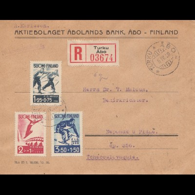 Finnland: 1938: Einschreiben Turku nach Pilzen