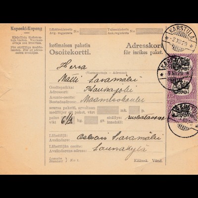 Finnland: 1929: Paketkarte Karstula