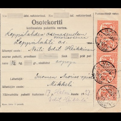 Finnland: 1927: Paketkarte Mikkeli