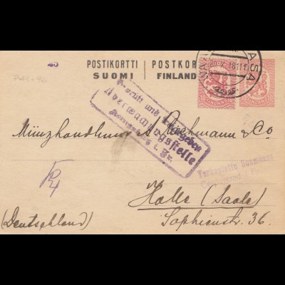 1918: Ganzsache nach Deutschland: Zensur/Postüberwachung