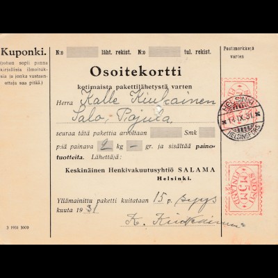 Finnland: Paketkarte 1931 von Helsinki