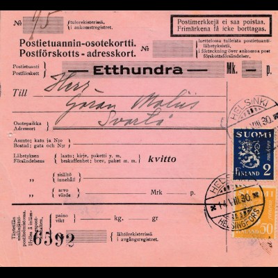 Finnland: 1930 Postanweisung von Helsinki