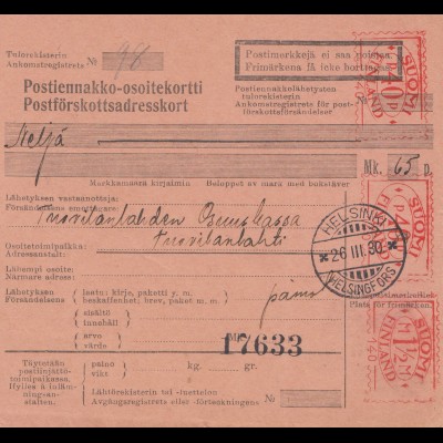 Finnland: 1930: Paketkarte Helsinki