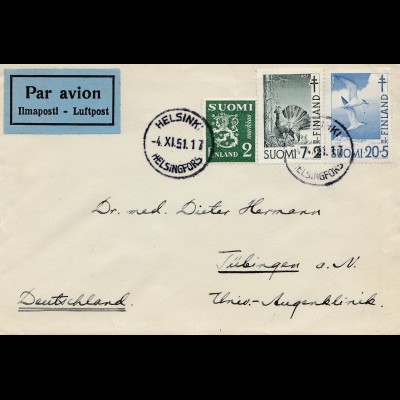 Finnland: 1951: Luftpostbrief Helsinki nach Tübingen/D