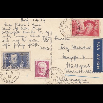 Frankreich: 1937: Ansichtskarte Pris als Luftpost nach Stuttgart