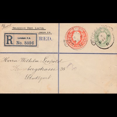 England: 1911 London Einschreiben nach Stuttgart