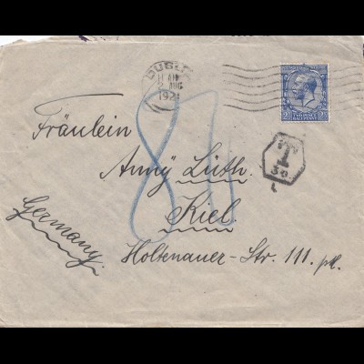 England: 1921: Brief nach Kiel - Taxe