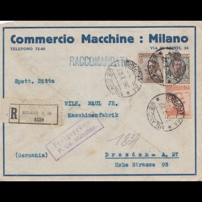 Italien: 1922: Einscheiben Milano nach Dresden - Freigegeben München