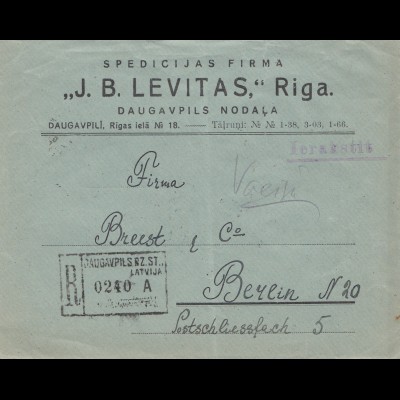 Lettland: 1928: Einschreiben Daugavpllils Nodala nach Berlin