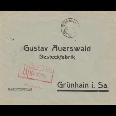 Litauen: 1934: Einschreiben Siauliai nach Grünhain/Sachsen