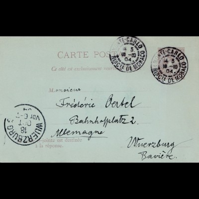 Monaco: 1904: Ganzsache P8 nach Würzburg