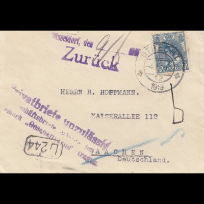 Niederlande: 1919: Utrecht nach Aachen - Düsseldorf Privatbriefe unzulässig!!!
