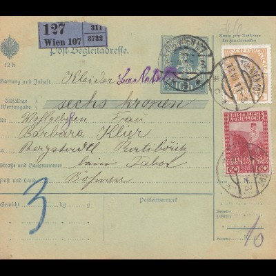 Österreich: 1911: Post Begleitadresse Wien nach Böhmen