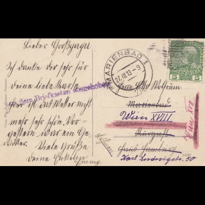 Österreich: 1913: AK Parenzo - Marienbad nach Wien. Aus dem Briefkasten