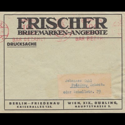 Österreich: 1924: Wien - Freistempel -bar bezahlt- nach Potsdam