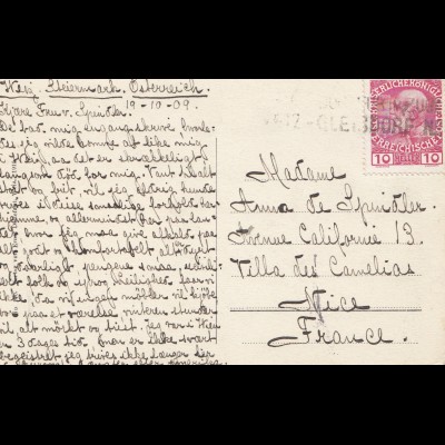 Österreich: 1909: AK Gleißdorf nach Frankreich