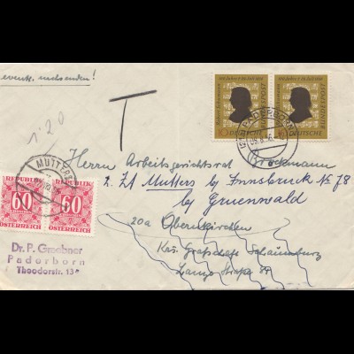 Österreich: 1956: Brief von Paderborn nach Oberkirchen, Taxe