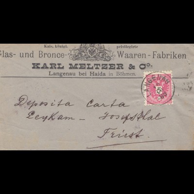 Österreich: 1888: Brief von Langenau nach Triest, Glas- und Bronce Waren