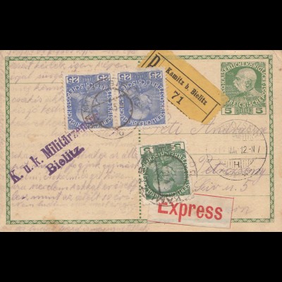 Österreich: 1915: Postkarte als Einschreiben von Bielitz-Express