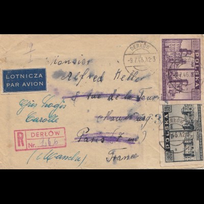 Polen: 1946: Derlow nach Paris - Einschreiben - Luftpost