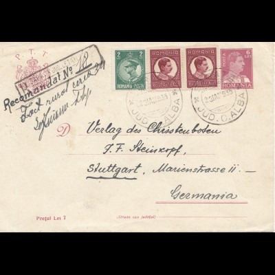 Rumänien: 1935 Barata nach Stuttgart, Bahnpost-Breslau-Beuthen Einschreiben