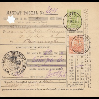 Rumänien: 1913: Braila nach Bucaresti Mandat Postal