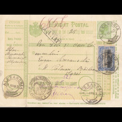 Rumänien: 1907: Mandat Postal Alexandria nach Lassy
