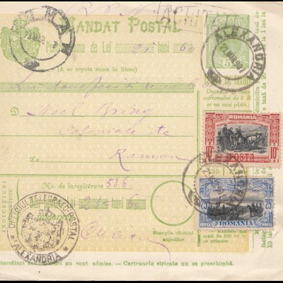 Rumänien: 1907: Mandat Postal Alexandria nach Romana