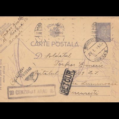 Rumänien: 1943: Carte Postala Bucuresti, Zensur