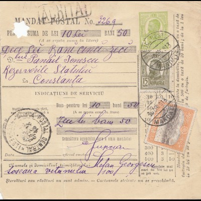 Rumänien: 1913: Mandat Postal Bucuresti nach Constanta