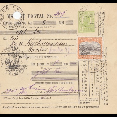 Rumänien: 1913: Mandat Postal nach Bacau