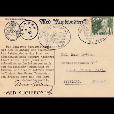 Schweden: 1936: Ansichtskarte als Drucksache Göteborg-Stockholm Kugelpostwagen