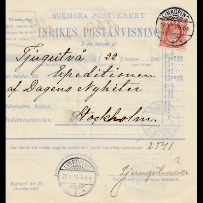 Schweden: Paketkarte 1904 Linköping nach Stockholm