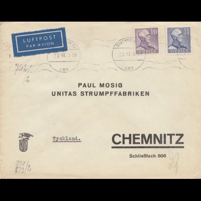 Schweden: 1941: Lufpost von Stockholm nach Chemnitz - Strumpffabrik, Zensur