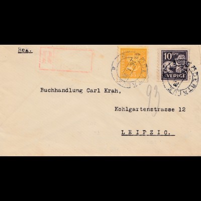 Schweden: 1928: Södeftalje nach Leipzig, Einschreiben