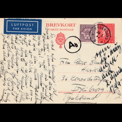 Schweden: 1944: Stocksunu nach Freiburg, OKW Zensur, Luftpost